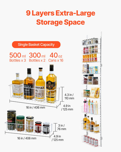 9-Tier Over The Door Pantry Organizer Hanging Storage Rack Adjustable Kitchen
