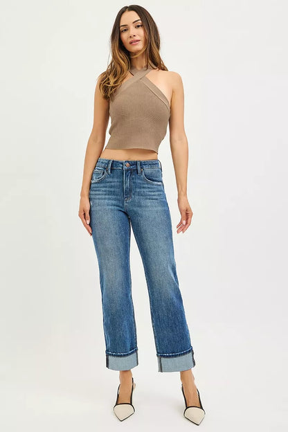 RISEN Full Size 4 Way Stretch Slouchy Straight Jeans with Cuffed Hem Plus Size