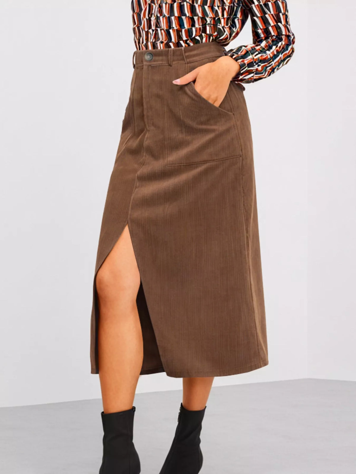 Front Slit Shift High Waist Midi Skirt
