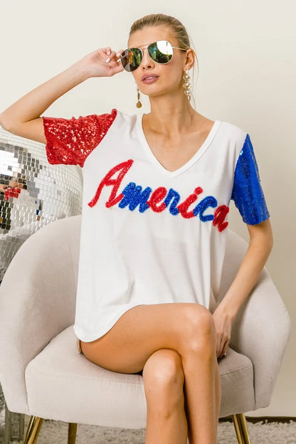 BiBi Metallic Letter V-neck Sequin Sleeves Top