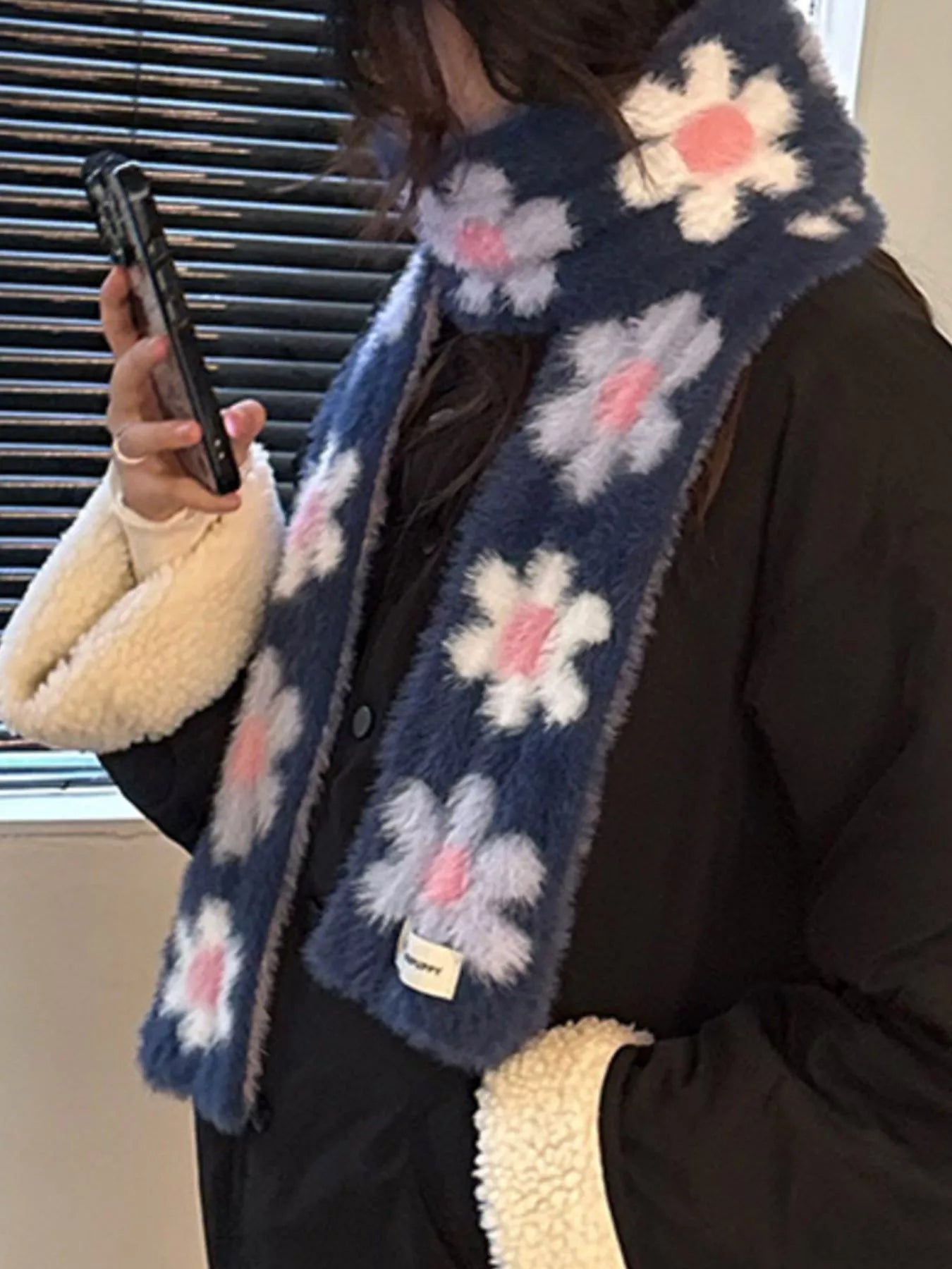 Floral Fuzzy Knit Scarf