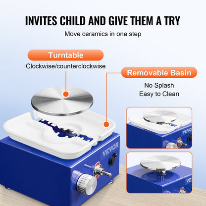 VEVOR Mini Pottery Wheel, For Kids Or Beginners, 2 Turntables 2.6in 3.9in Ceramic Wheel Machine, Adjustable 0-300RPM Speed ABS Detachable Basin, 17 Pottery Accessories, Work Art Craft DIY, 30W, Blue