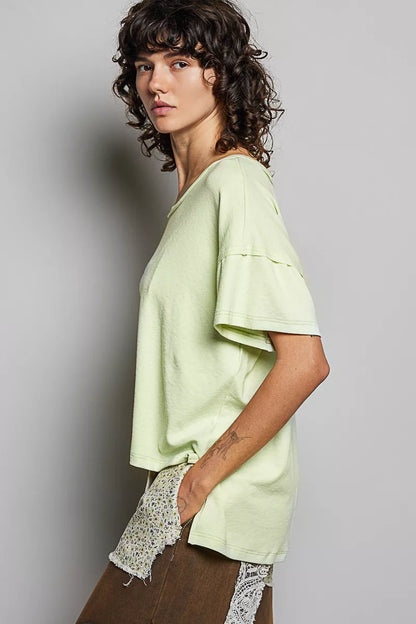 POL Round Neck Short Sleeve T-Shirt with High Low Hem