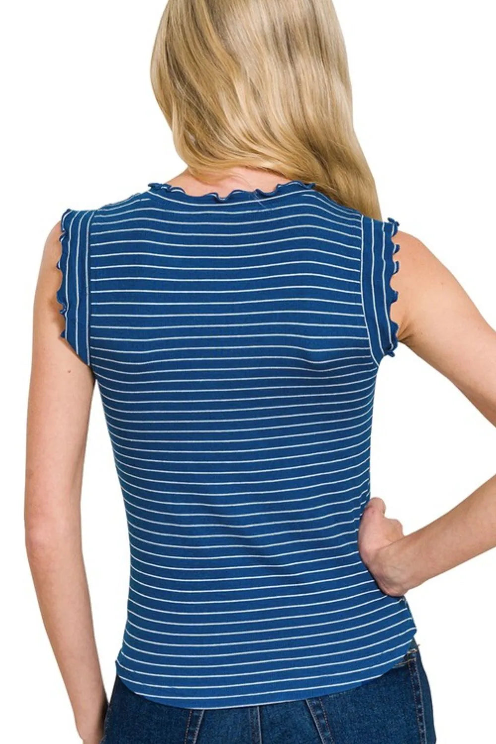 Zenana Ribbed Ruffle Trim Sleeveless Stripe Top