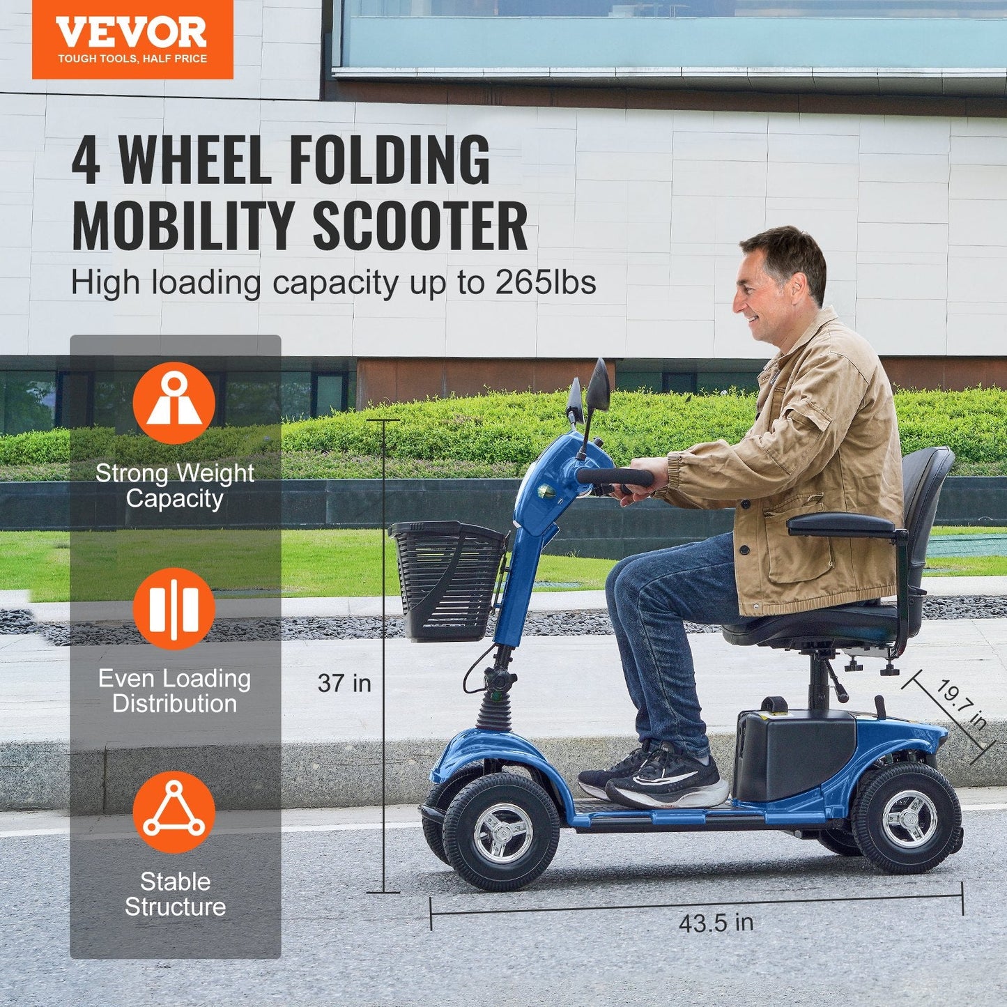 Heavy-Duty 4 Wheel Mobility Scooter For Adults & Seniors - Folding Electric Powered Mobility Scooter & 12 Mile Long Range, All Terrain Travel Scooter With 9° Climbing Capacity, 265lb Capacity