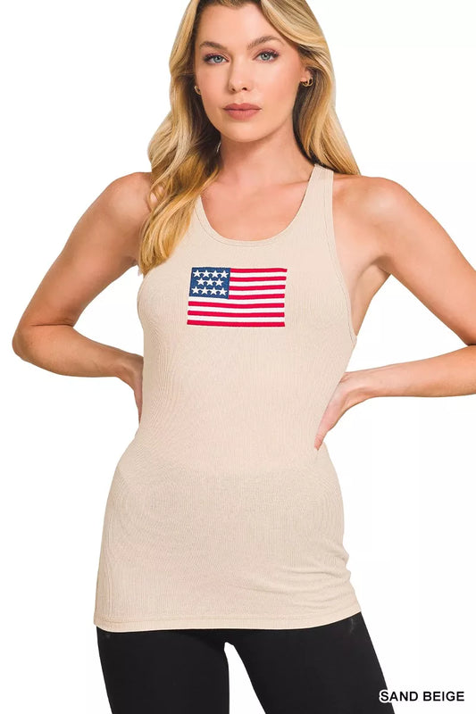 Zenana American Flag Embroidery Stretchy Ribbed Tank