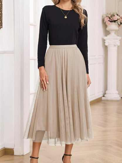 Tulle Mesh Overlay Flared Midi Skirt
