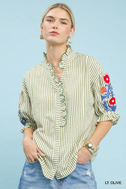 Umgee Embroidered Ruffle Trim Stripe Blouse
