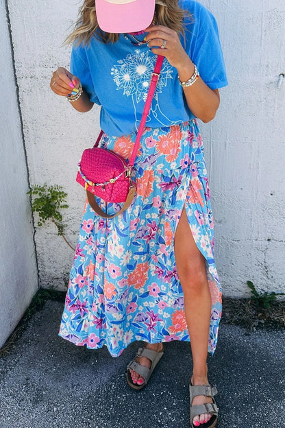Floral Printed High Waist Split Skirt