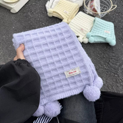 Waffle Knit Pom-Pom Scarf