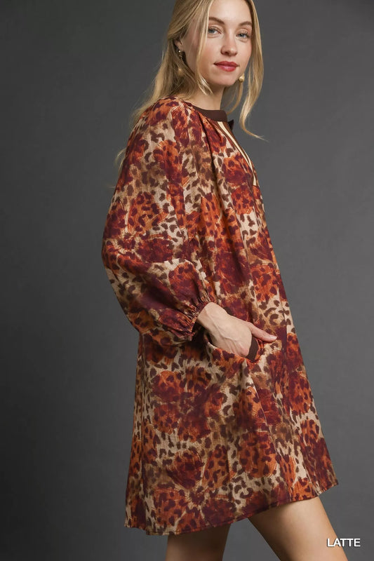 Umgee Animal Print Boho Tunic Dress with Contrast Trim Detail