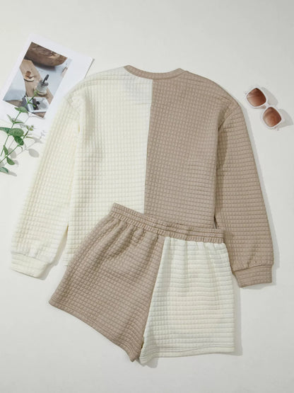 Color Block Patchwork Textured Long Sleeve Top and Short Lounge Set