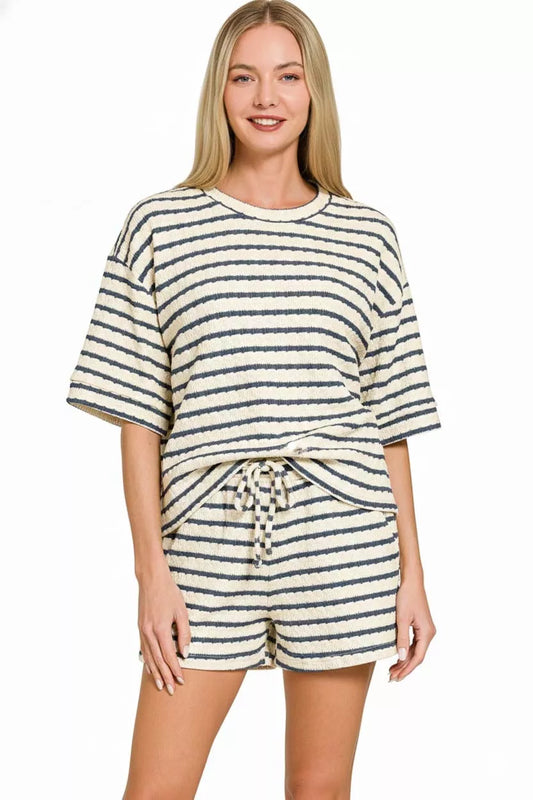Zenana Striped Short Sleeve Tee & Shorts Set