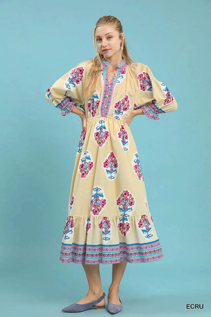 Umgee Flower Patch Border Print Midi Dress