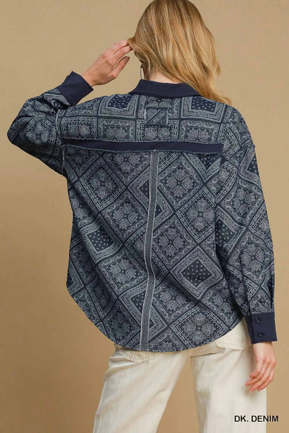 Umgee Paisley Print Denim Shirt Jacket