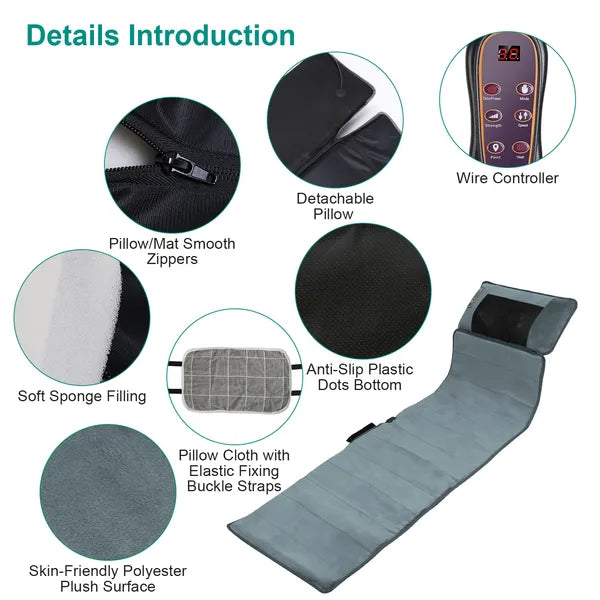 Full Body Electric Massage Mat With Heat Vibration Massage Pad Cushion Back Massage Mattress Chair Pad With Neck Massage Pillow With 10 Vibration Motors Timer Anti-Slip Bottom Earplugs
