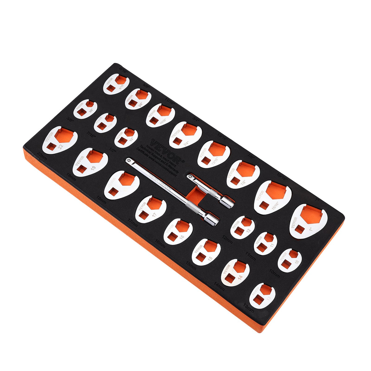 VEVOR Drive Crowfoot Wrench Set With 2 Extension Bars, 24-Piece Crows Foot Wrench Set, SAE  -1inch And Metric 10-22 Mm, CR-MO Steel Crowfoot Wrench Set, With EVA Tool Organizer