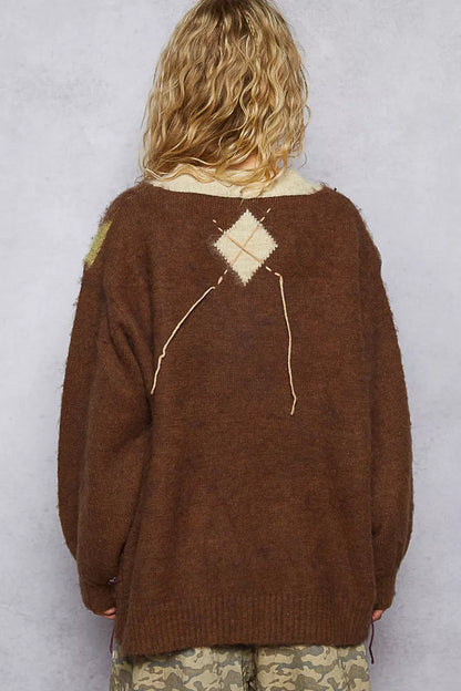 POL V-Neck Argyle Pattern Mohair Sweater with Contrast Exposed Stitch Detail
