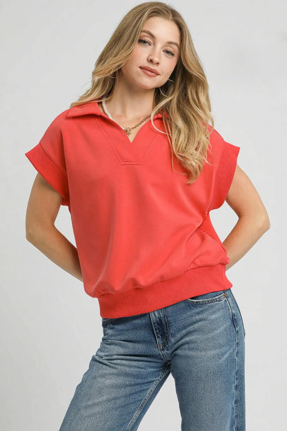 Umgee Luxe Knit Collared Short Sleeve Polo Sweatshirt
