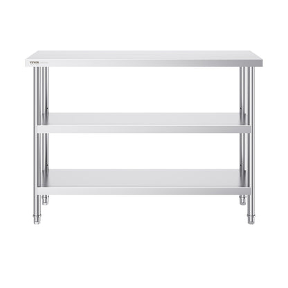 VEVOR Stainless Steel Food Prep Table, 14 X 48 X 34 Inch Commercial Kitchen Worktable, With 2 Adjustable Undershelf, Heavy Duty Prep Table Metal Work Table For BBQ, Kitchen, Home, And Garage