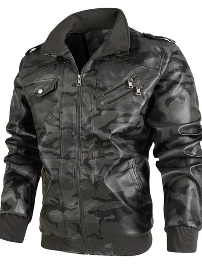 Men's Full Size Zip Up Camouflage Faux Leather Jacket Plus Size