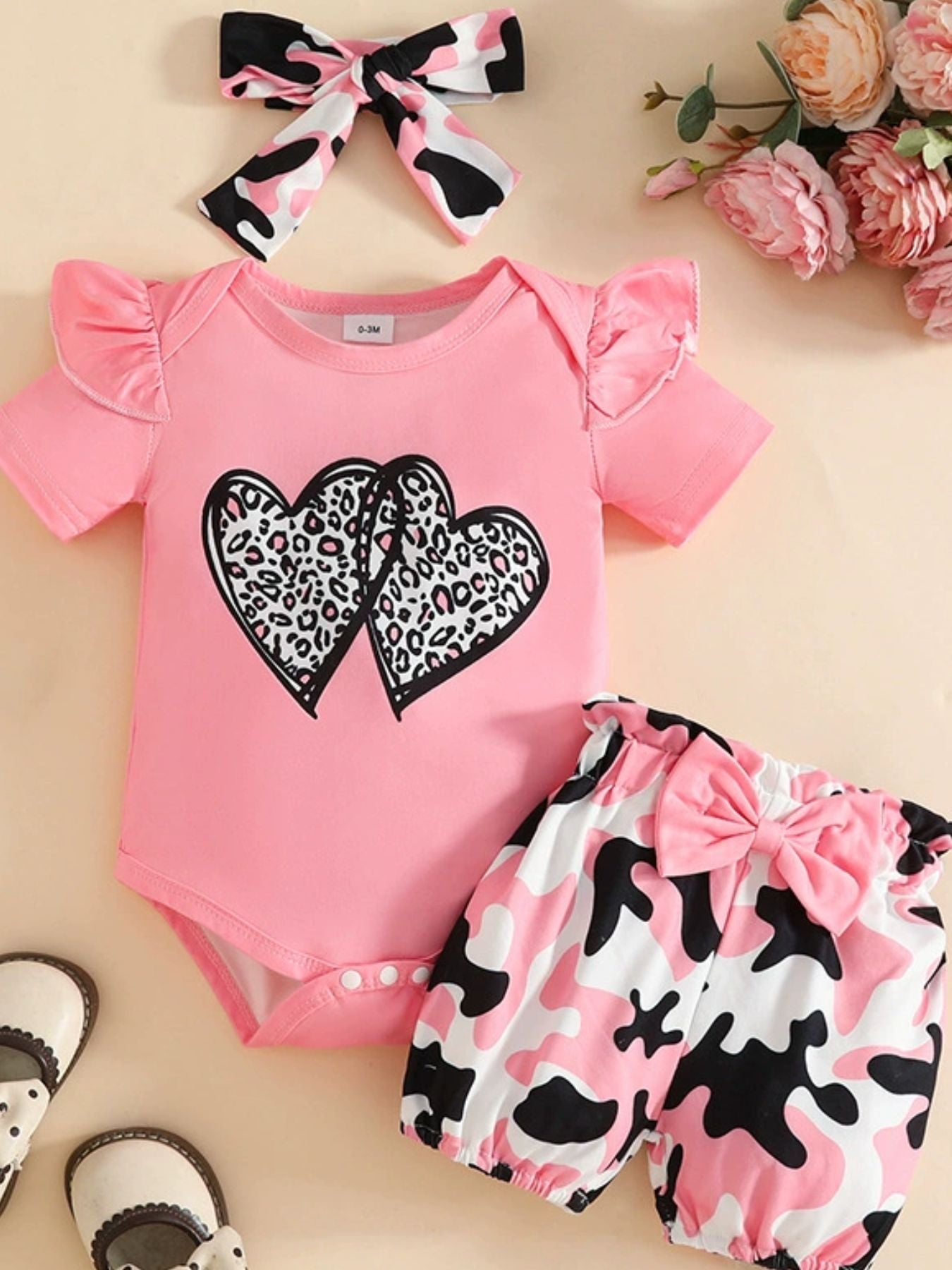 Children's Leopard Heart Bodysuit and Shorts Set with Headband