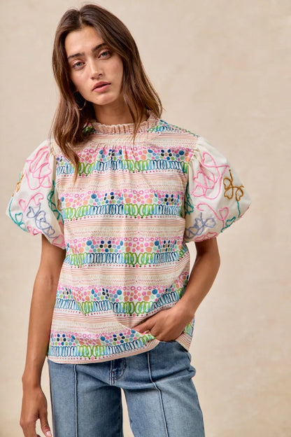 BiBi Ruffle Neckline Blouse With Embroidery Bubble Sleeve