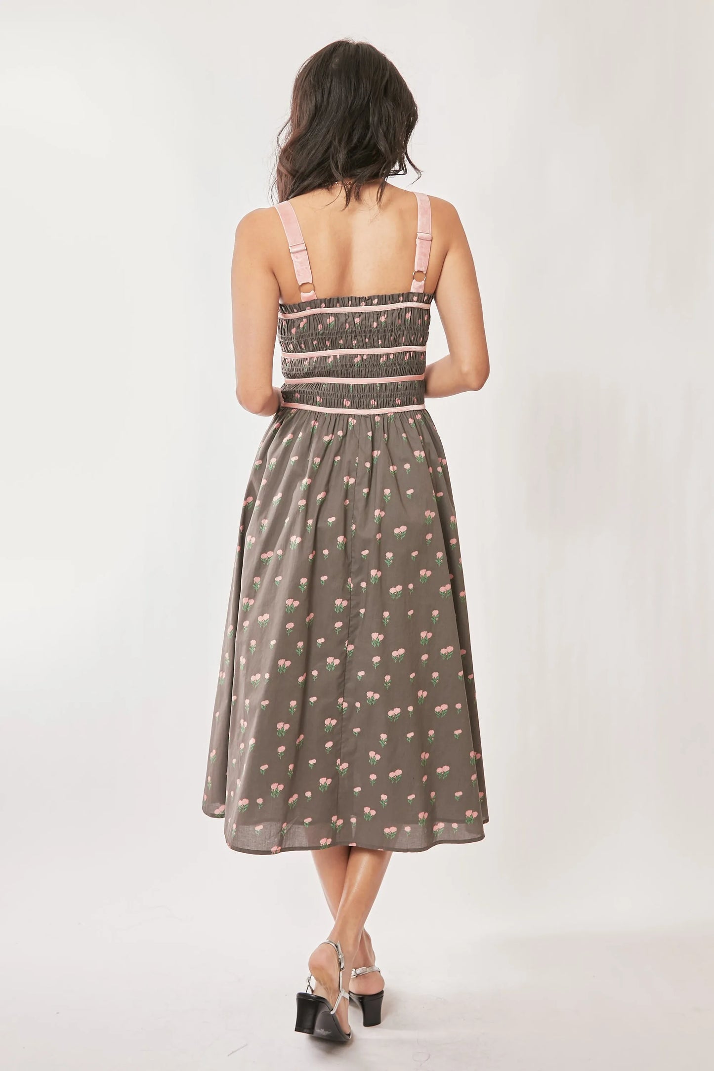 Davi & Dani Contrast Velvet Tape Smocking Bodice Midi Dress
