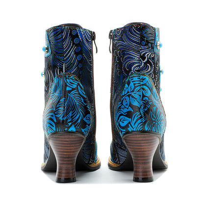 Blue Embossed Leather And Warm Brocade Comfy Ankle Boots