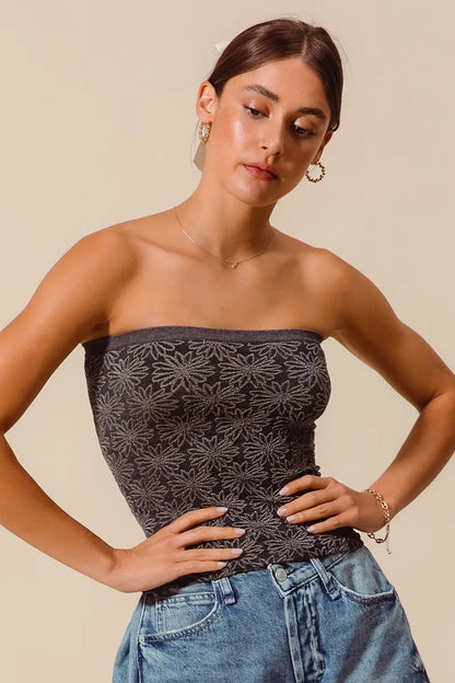SO ME Jacquard Floral Two Tone Seamless Tube Top