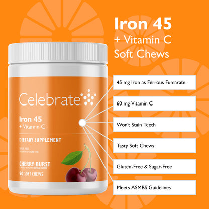 Iron 45 mg  + Vitamin C Soft Chews, Cherry Burst