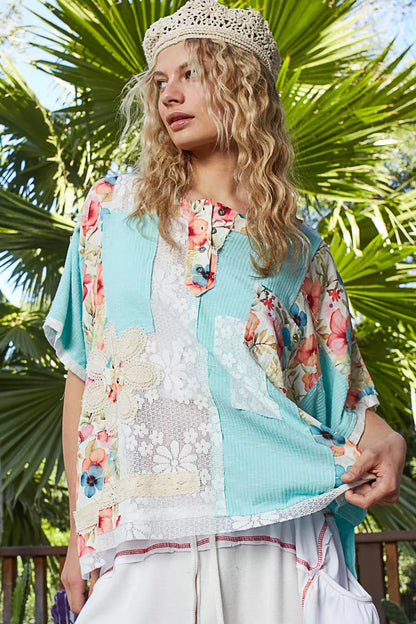 POL Lace Round Neck Short Sleeve Floral Pattern Top with Patch Detail