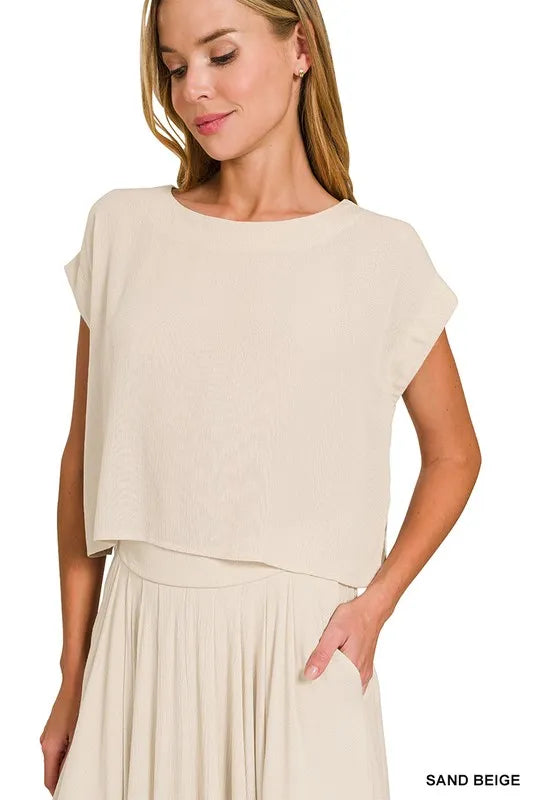 Zenana Woven Crinkle Gauze Crop Tee and Skirt Set