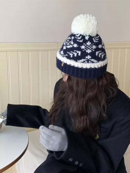 Snowflake Knitted Beanie Hat with Pom Pom