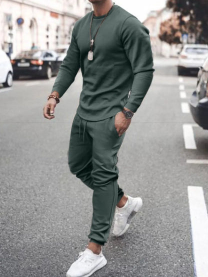 Men's Full Size Round Neck Long Sleeve Top and Pants Set Plus Size