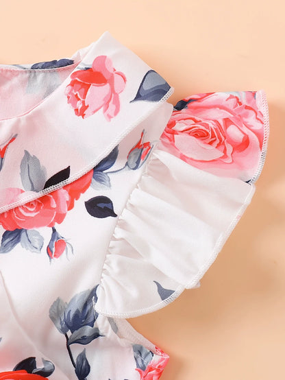 Children's Floral Print Ruffle Trim Bow Pleated Dress