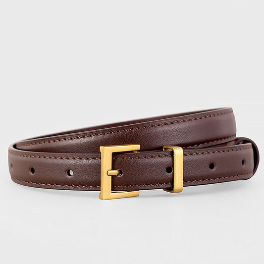 Leather Skinny Belt with Golden Buckle