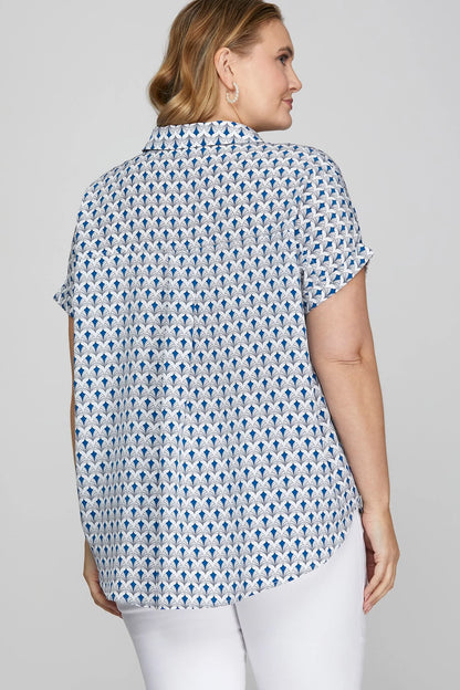 She + Sky Full Size Printed Johnny Collar Short Sleeve Blouse Plus Size