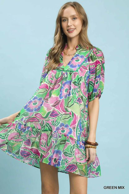 Umgee Abstract Print V-Neck Baby Doll Dress