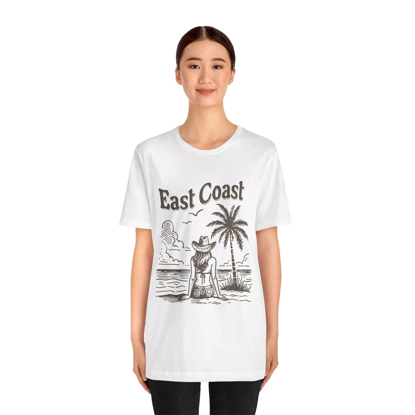 TS-038ML-24 women’s beach sketch shirt beach scene tee for women woman sitting on beach t-shirt beach lover shirt women’s coastal Art graphic tee