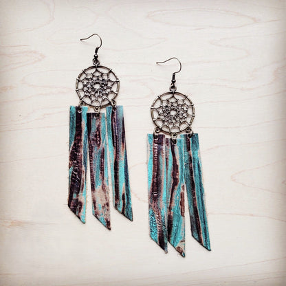 **Dream Catcher Earrings w/ Leather Fringe Turquoise Chateau 200ab