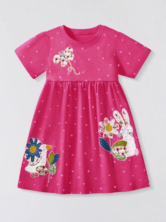 Children's Cartoon Animal Embroidered Polka Dot Dress