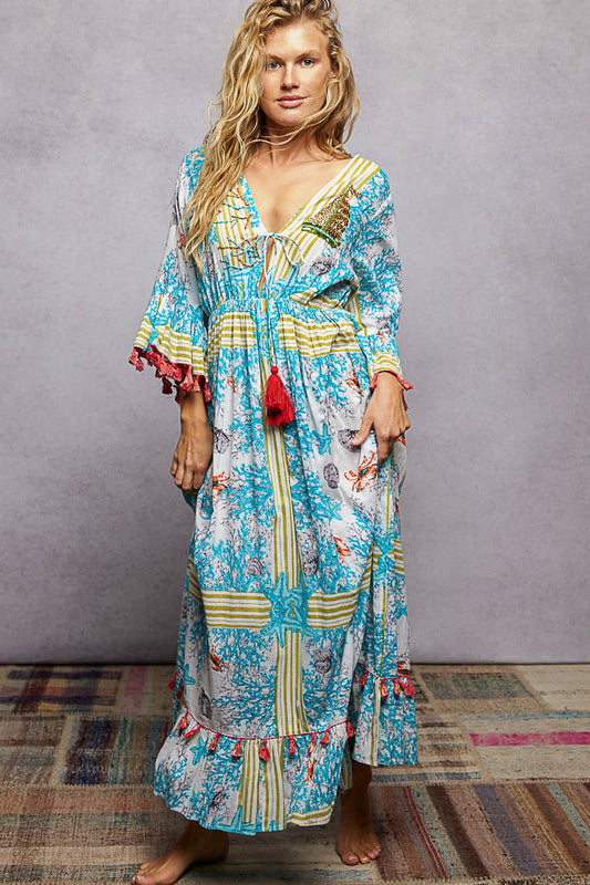 POL Bohemian Print Tassel Trim Maxi Dress