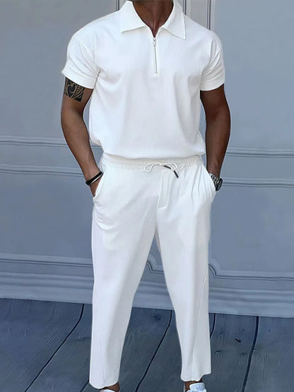 Men's Full Size Quarter Zip Short Sleeve Polo and Pants Set Plus Size