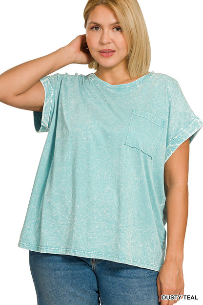 Zenana Full Size Crinkle Washed Round Neck Folded Short Sleeve Tee Plus Size