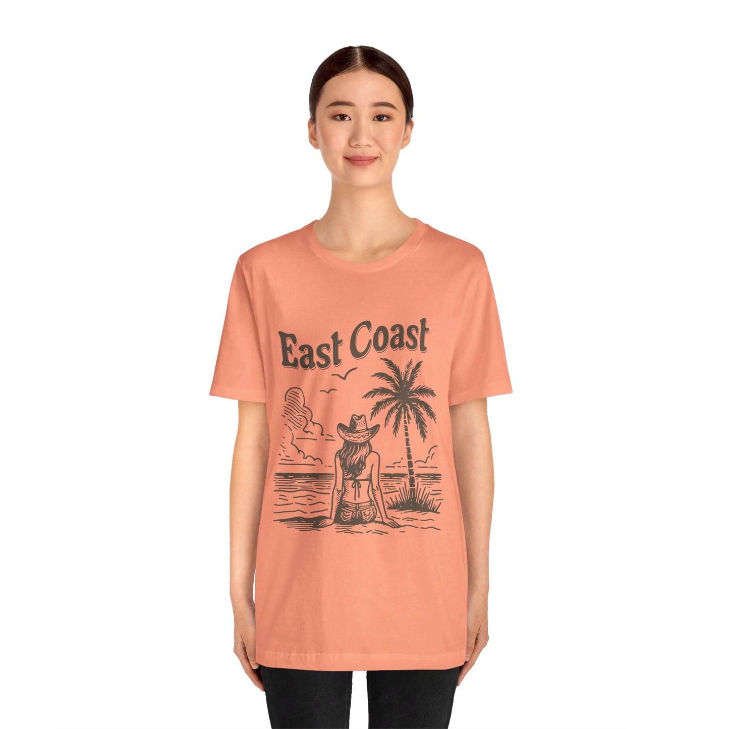 TS-038ML-24 women’s beach sketch shirt beach scene tee for women woman sitting on beach t-shirt beach lover shirt women’s coastal Art graphic tee