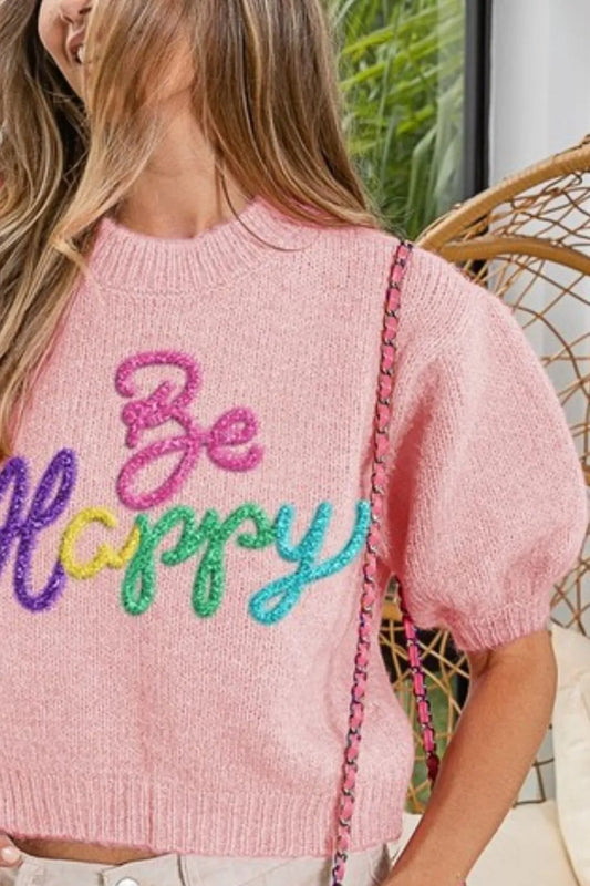 BiBi Metallic Letter Short Puff Sleeve Hairy Sweater