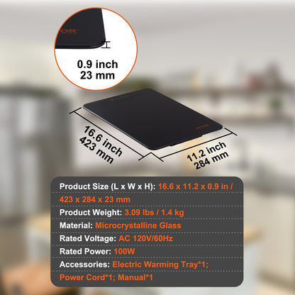 VEVOR Electric Warming Tray, Portable Tempered Glass Heating Tray, Perfect For Dinner, Catering, House, Parties, Events, Entertaining And Holiday, Black
