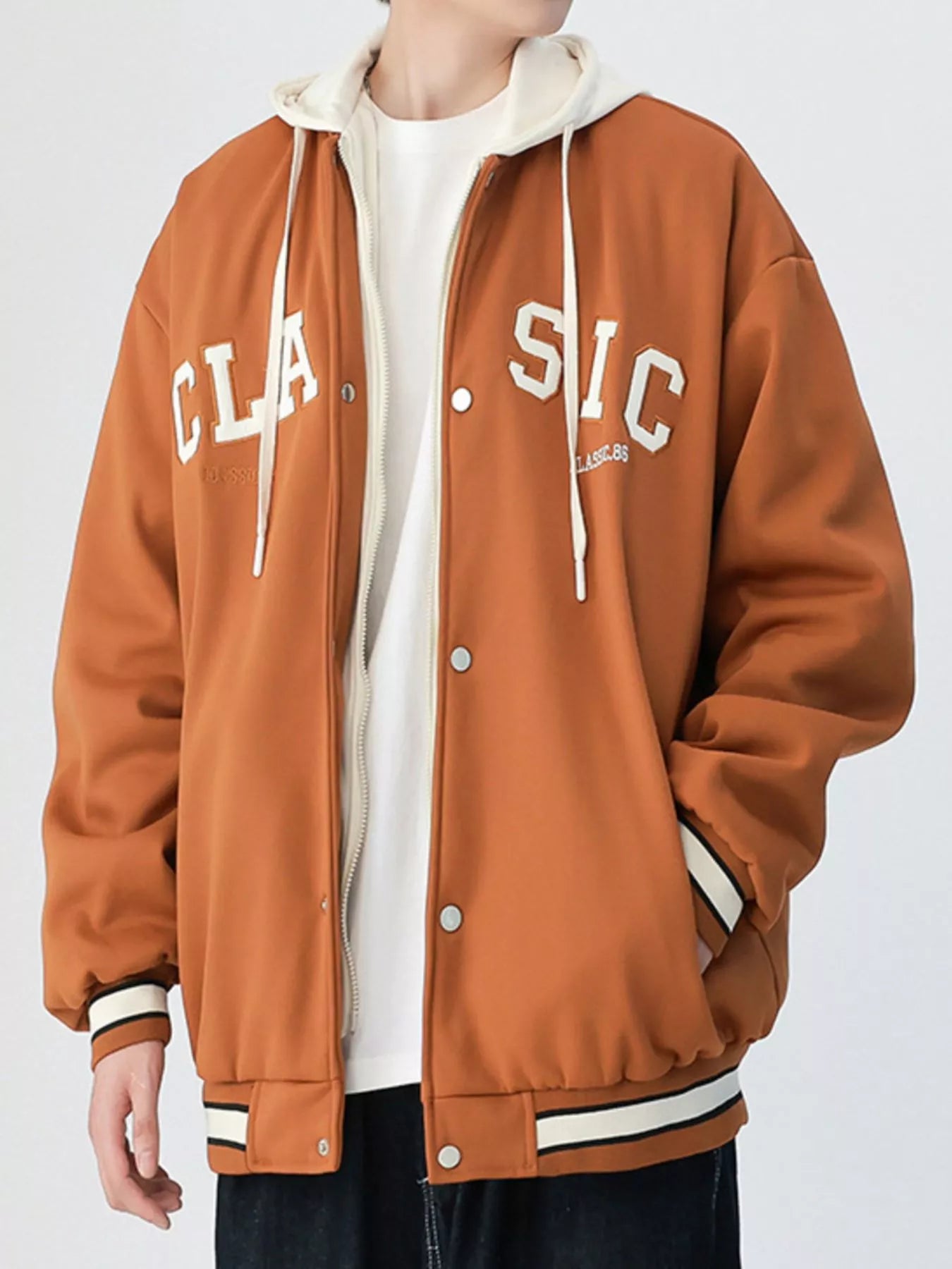 Men's Plus Size Snap Down Long Sleeve Drawstring Hooded Jacket