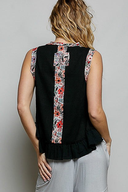 POL Floral Print Patche Round Neck Ribbed Tank with Double Gauze Ruffle Accents